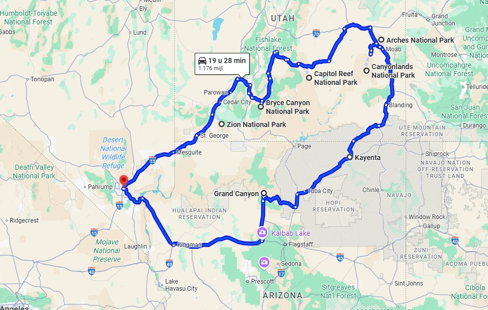 Routekaart rondreis Las Vegas Mighty Five Utah | Campers Amerika